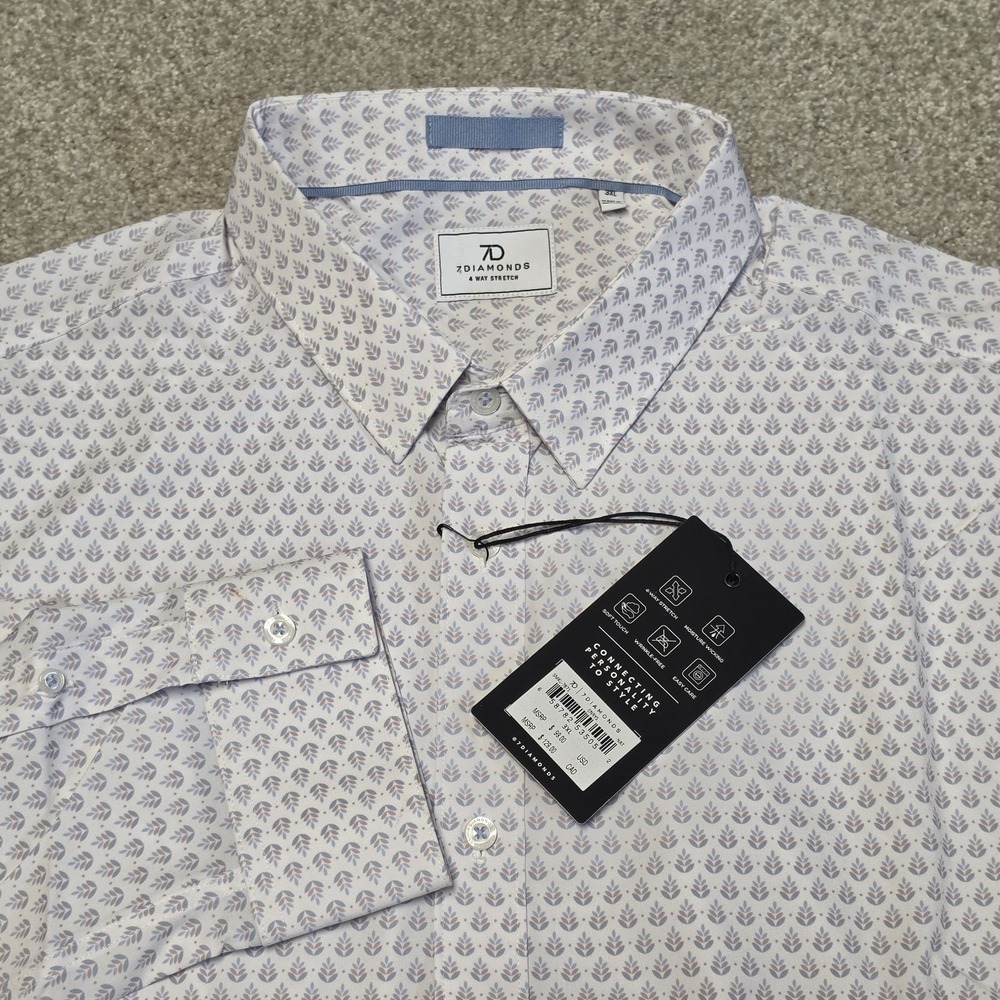 7 Diamonds Enrys Button Down Shirt Mens 3XL White Blue Leaf 4-Way Stretch NEW